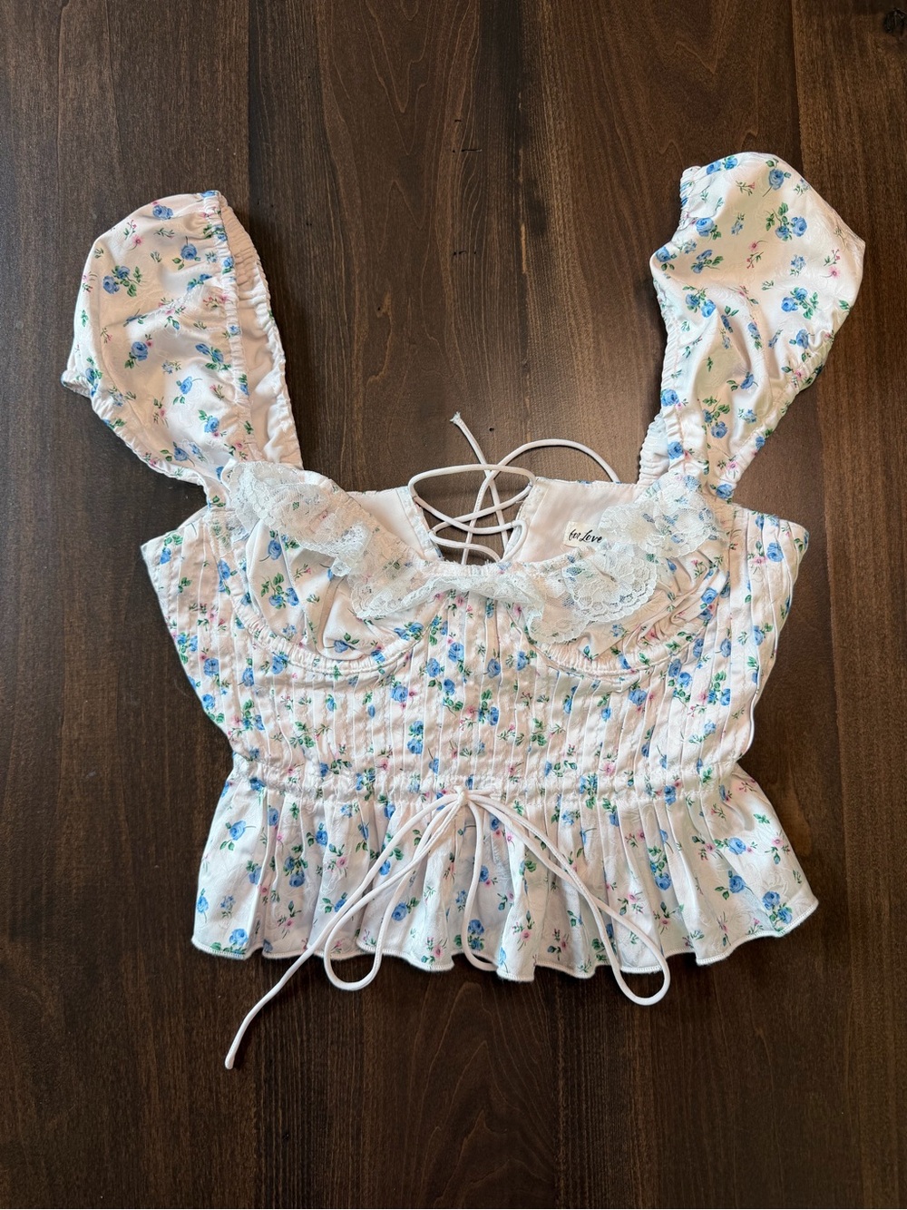 For Love & Lemons White Crop Top with Blue Floral Print